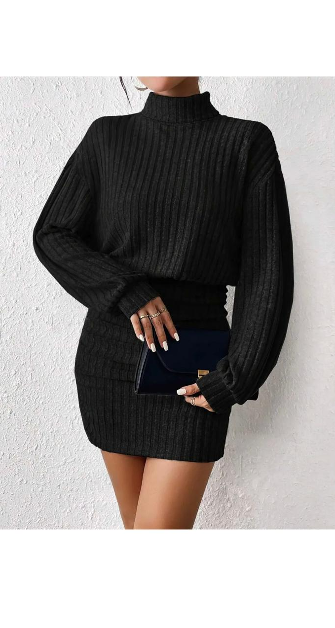 Slim Fashion Rib-Knit High Collar Long Sleeve Dress
